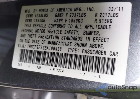 2011 Honda Accord 2.4 Lx z USA, uszkodzony, nr VIN 1HGCP2F32BA106938